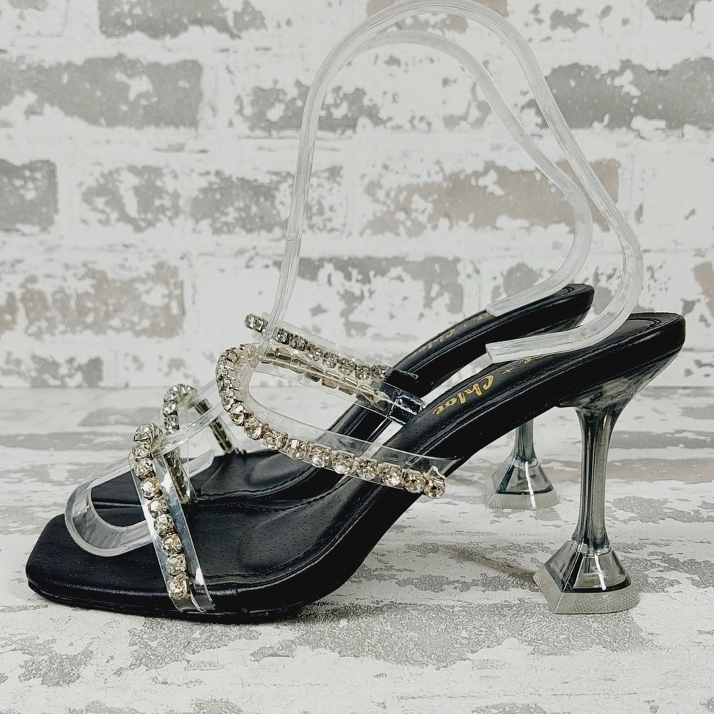 New CHASE & CHLOE Double Rhinestone Pyramid Heel Sandal In Black Silver D702